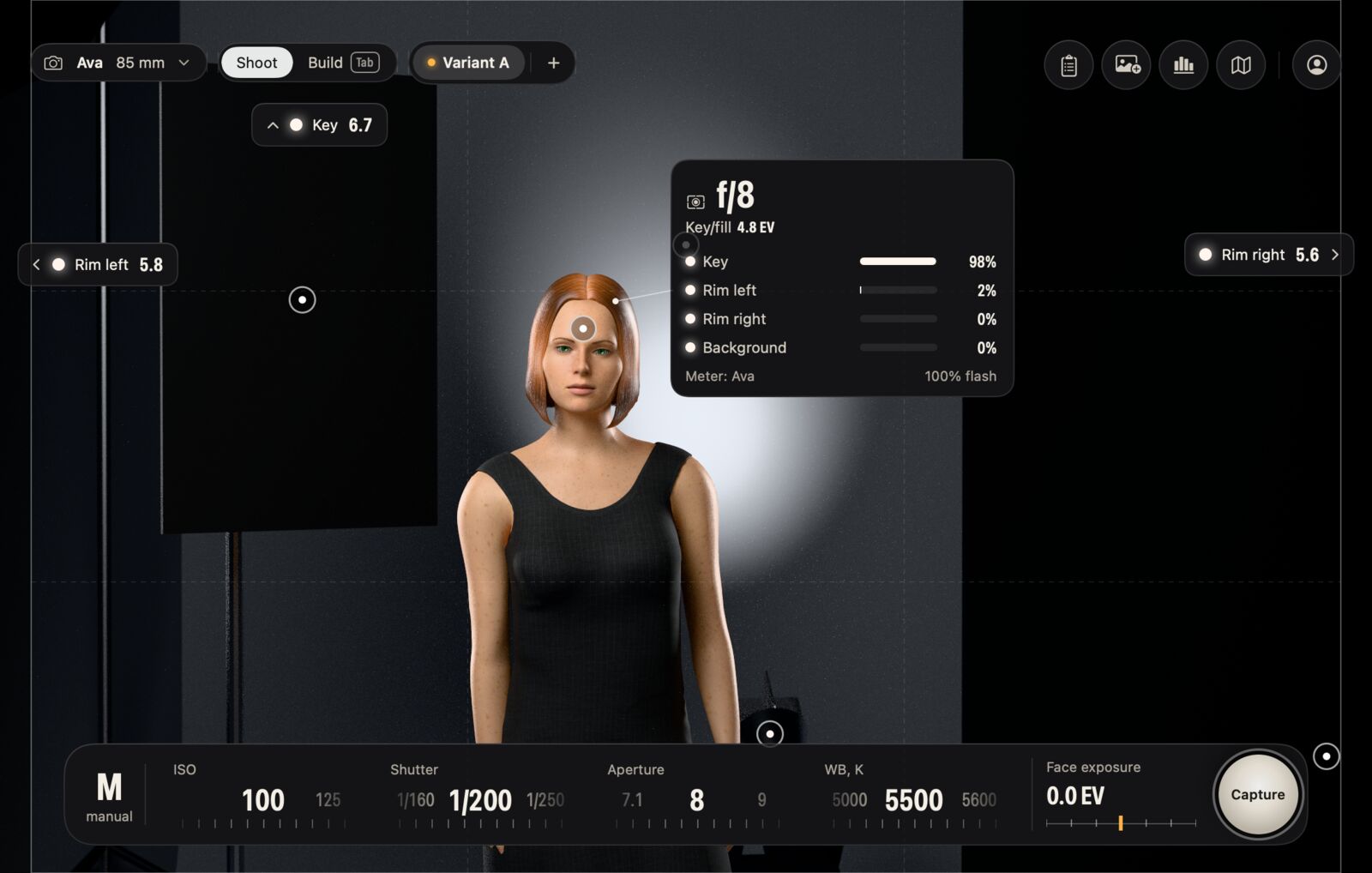 Strobelab shoot mode: a model in a dark studio, an incident light meter reading f/8 at her face with the key light contributing 98 percent, and camera controls for ISO 100, 1/200 s, f/8 and 5500 K along the bottom.