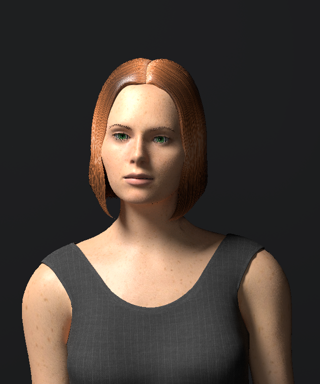 Reference portrait: a woman with a red bob, lit softly from camera left against a dark background.