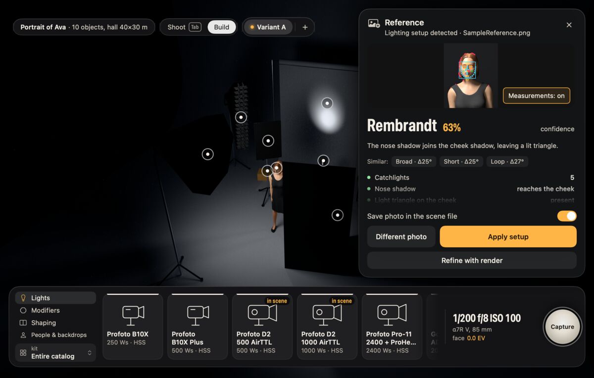 Reference analysis: Rembrandt at 63 percent, key 47 degrees left and 50 degrees up.